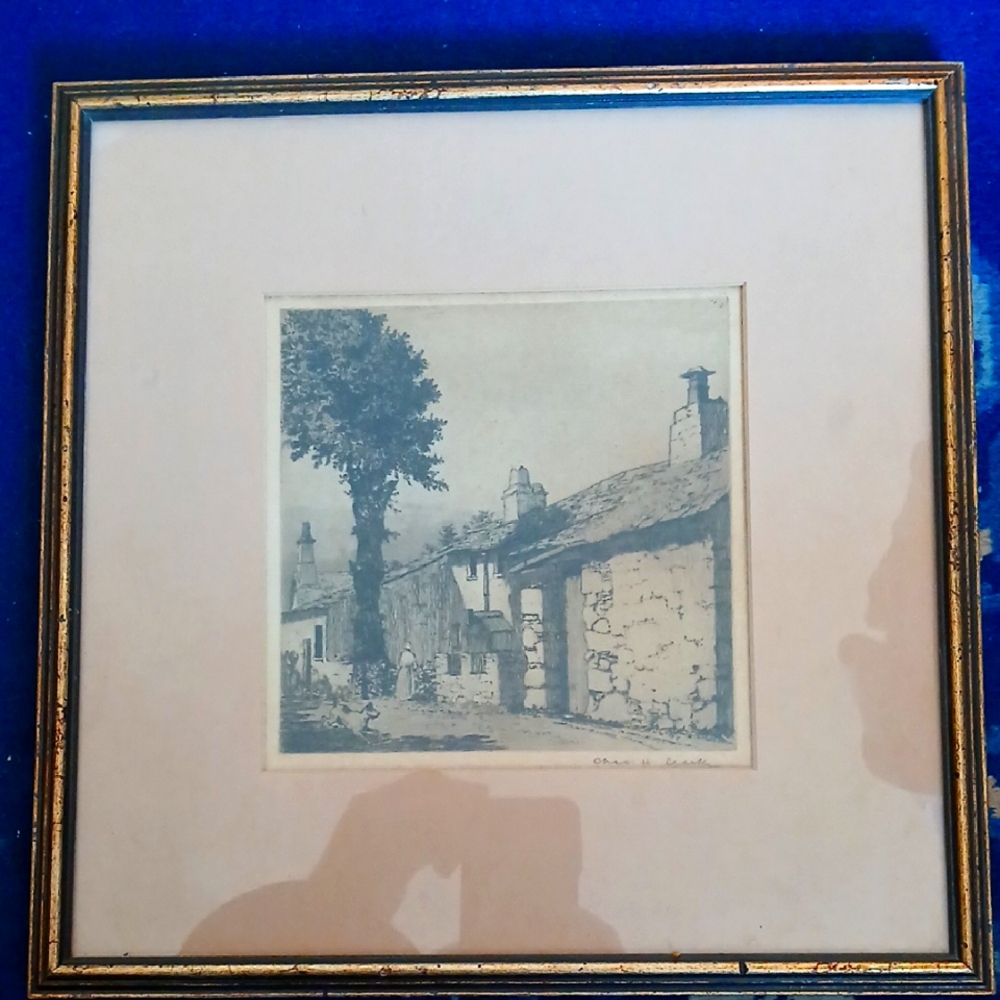 Framed Antique Engraving with Rustic Scene, Signed CHAS. H. CLARK